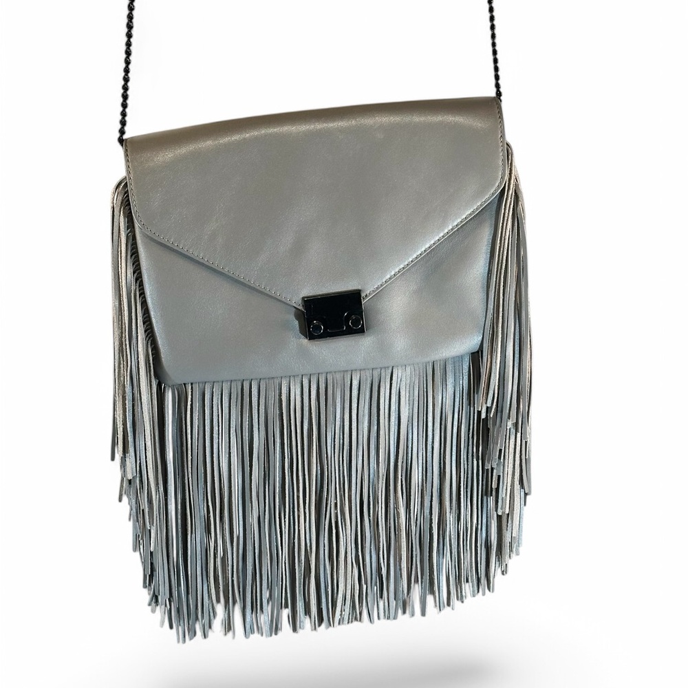 Loeffler Randall Flap Purse Grey/Gray
Crossbody Leather Fringe Trim, Chain Strap
